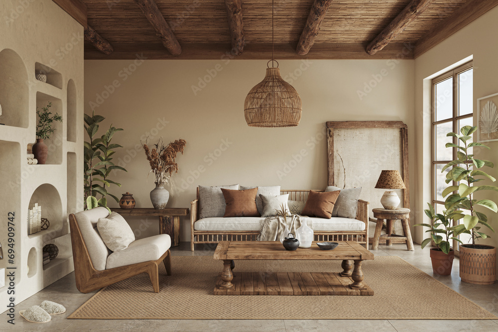 Warm wabi sabi style interior with clay niche, beige walls and ethnic home decor. Wall mockup, 3d rendering 
 - obrazy, fototapety, plakaty 