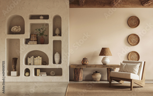 Fototapeta Naklejka Na Ścianę i Meble -  Warm wabi sabi style interior with clay niche, beige walls and ethnic home decor. Wall mockup, 3d rendering 
