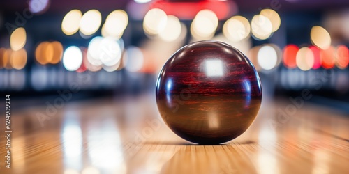 Bowling ball close-up, with lanes softly focused behind.