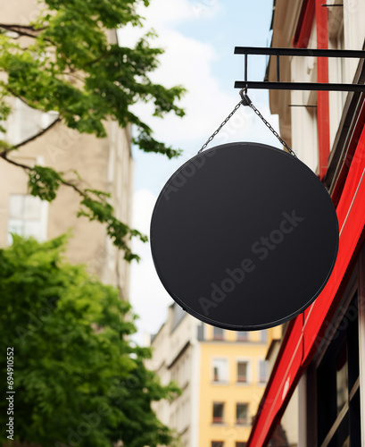 Singboard hang Mock up Template for Design. Empty  circle sign in front of Building. Generative Ai.