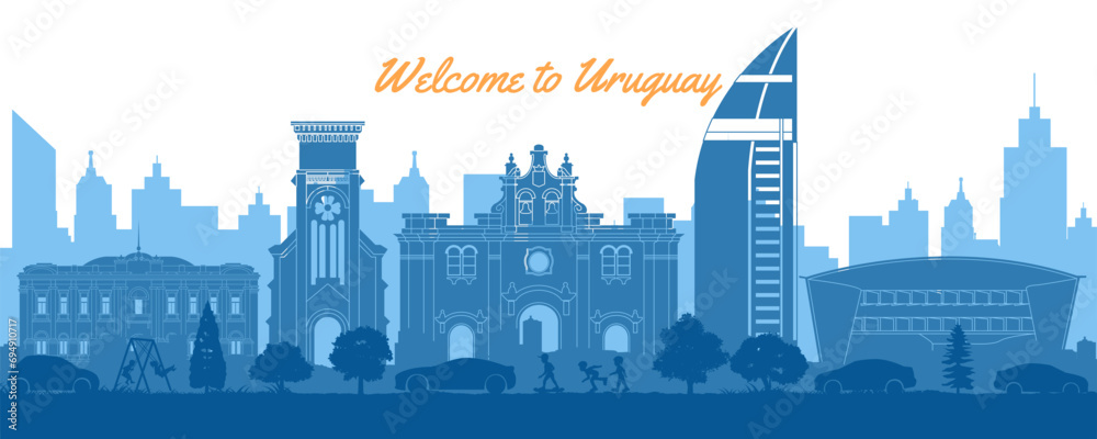 Uruguay famous landmarks in situation of downtown by silhouette style,vector illustration