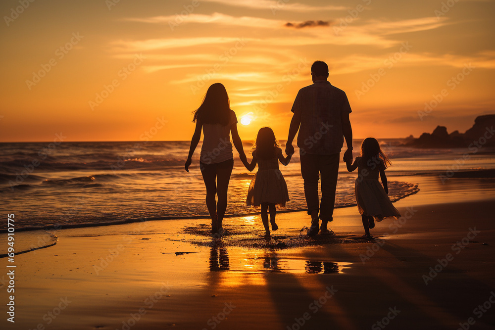 silhouettes of family on the beach