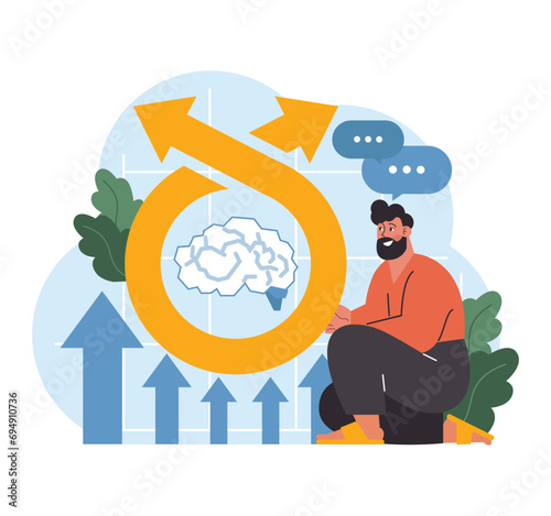 Growth in cognition. Man sitting beside large looped arrow, with a detailed brain centerstage, symbolizing expanding thought processes. Charted mental elevation. Flat vector illustration