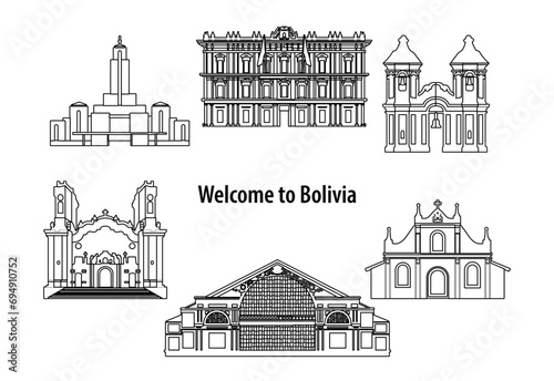 Bundle of bolivia famous landmarks by silhouette outline style,vector illustration