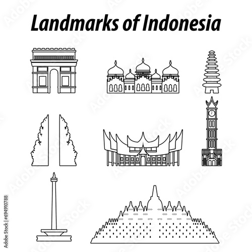 Bundle of Indonesia famous landmarks by silhouette outline style,vector illustration