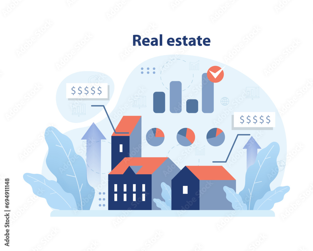 Real estate market overview showcasing property values, growth indicators, and diverse investment channels. Evaluating housing prospects and financial returns. Flat vector illustration