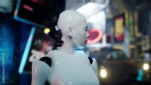 female robot walking along a street in a big city. humanoid AI robot crossing street. 3d render. future automation job.