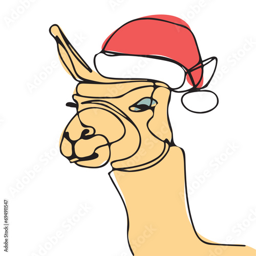 Lustiges Line-Art Weihnachts Alpacca, Lama mit Weihnachtsmütze
