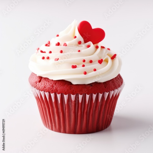 Red Velvet Cupcake with Cream Cheese Icing and Fondant Heart on a White Background for Valentines Day Theme photo