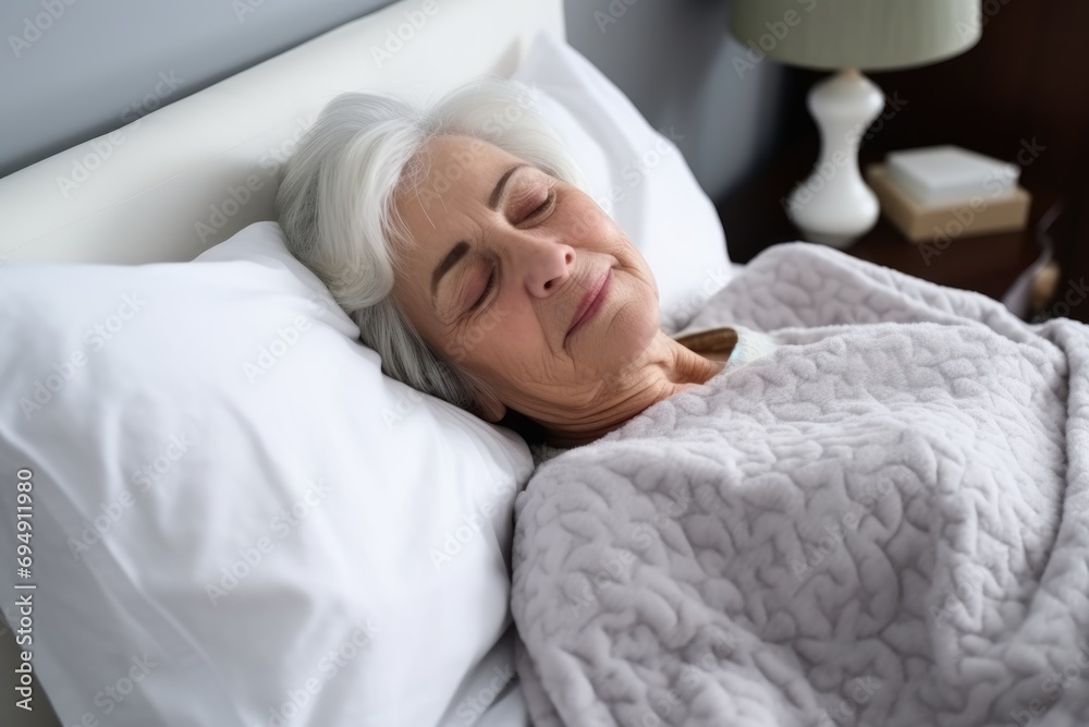 Female pensioner sleeping in bed, nursing home lifestyle, old years woman patient sleeping on bed