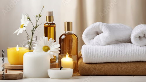 Spa setting with aromatic candles, white towels, and massage oils, offering a tranquil and soothing ambiance
