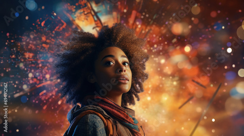 Vibrant portrait of a young woman with fireworks exploding in the background, reflecting wonder and celebration