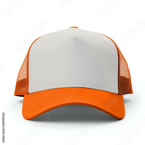 Orange and white trucker hat mockup, Front view