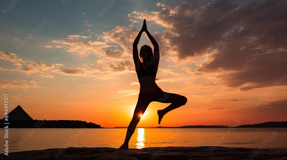 A silhouette of a woman in the Extended Triangle Pose (Utthita Trikonasana) on a beach during sunset