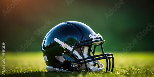 Close-up of a football helmet, with a field in the back.