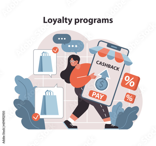 Market penetration concept. Shopper engages with loyalty programs on a mobile app. Capturing customers through rewards and cashback offers. Encouraging brand allegiance. Flat vector illustration.