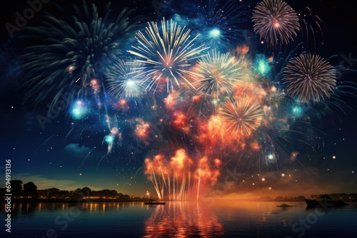 Spectacular fireworks display over beautiful river  fireworks over night river sky  holiday background  bright colorful lights Ai generated