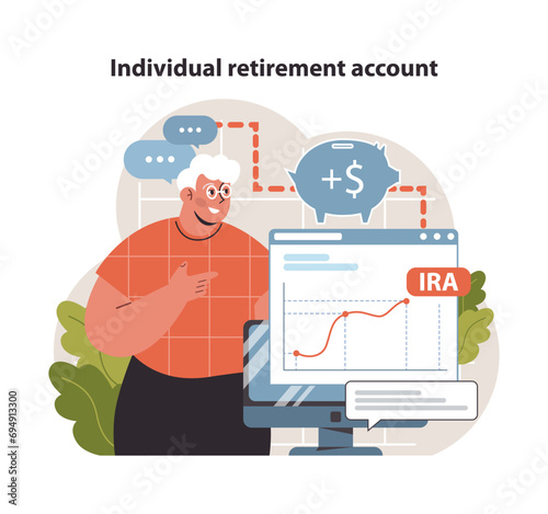 Elderly man checks his Individual Retirement Account (IRA) growth on a computer, highlighting the importance of financial planning for post-retirement life. Savings and security. Flat vector.
