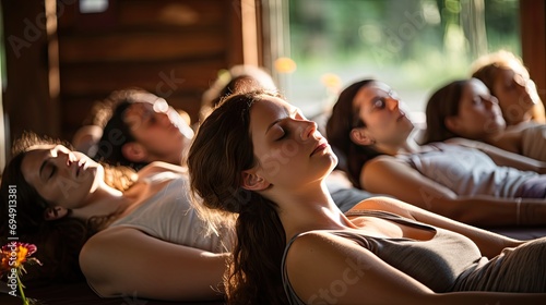 A group in the Corpse Pose (Savasana) during a yoga retreat, with everyone lying peacefully in a circle in a serene environment.