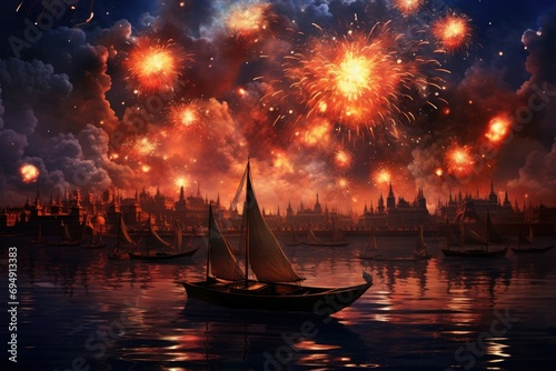 Spectacular fireworks display over beautiful river, fireworks over night river sky, holiday background, bright colorful lights Ai generated