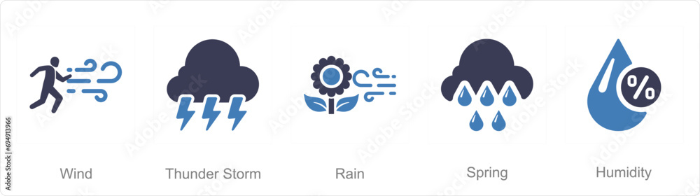 A set of 5 Mix icons as wind, thunderstorm, rain A set of 5 Mix icons as wind, thunderstorm, rain