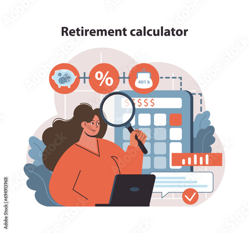 Retirement Calculator concept. Woman scrutinizes 401(k) plans and investment growth with magnifying glass and calculator. Informed financial decisions. Flat vector illustration.