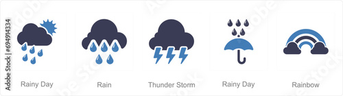 A set of 5 Mix icons as rainy day, rain, thunder storm
