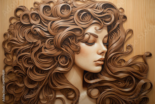 Portrait of a beautiful curly girl. Wood carving.