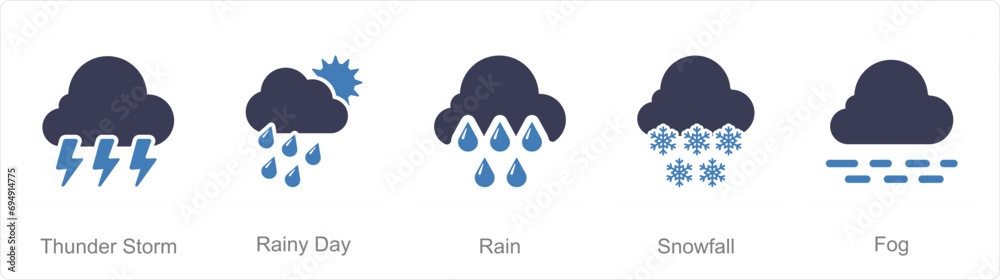 A set of 5 Mix icons as thunderstorm, rainy day, rain A set of 5 Mix icons as thunderstorm, rainy day, rain