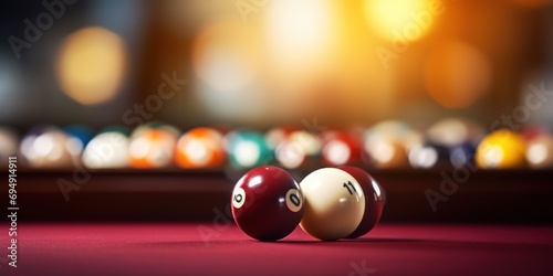 Billiard balls and cue with pool table scene behind. photo