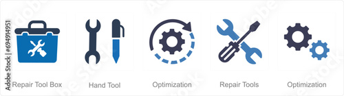 A set of 5 Mix icons as repair tool box, hand tool, optimization