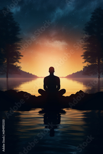 silhouette of a man meditating on a sunset © Wendelin