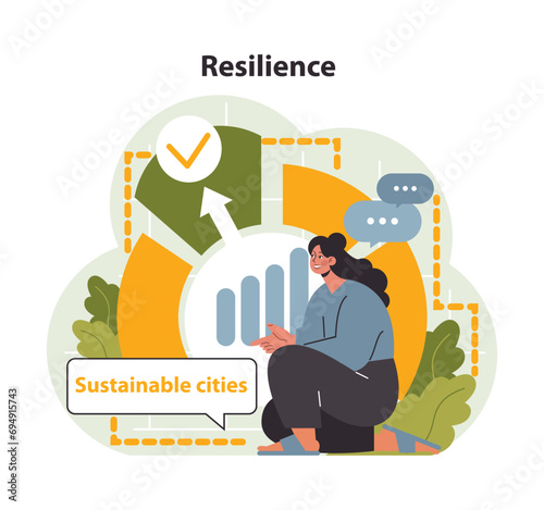 Resilience concept. Woman showcases urban sustainability, highlighting the cycle of building and maintaining eco-friendly cities. Adaptation, green practices. Flat vector illustration