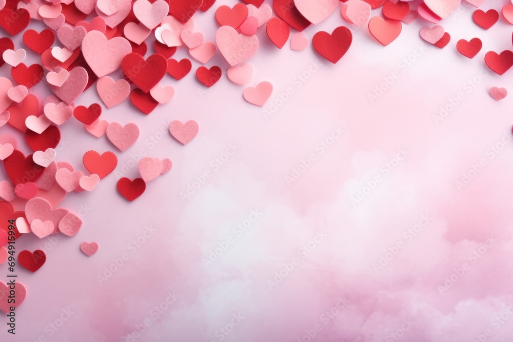 Red pink hearts on a pale pink background with copy space for your text