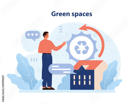 Urban planner highlighting eco-friendly city development. Recycling logo, circular flow, building and trees showcasing green spaces. Sustainable urban living. Flat vector illustration