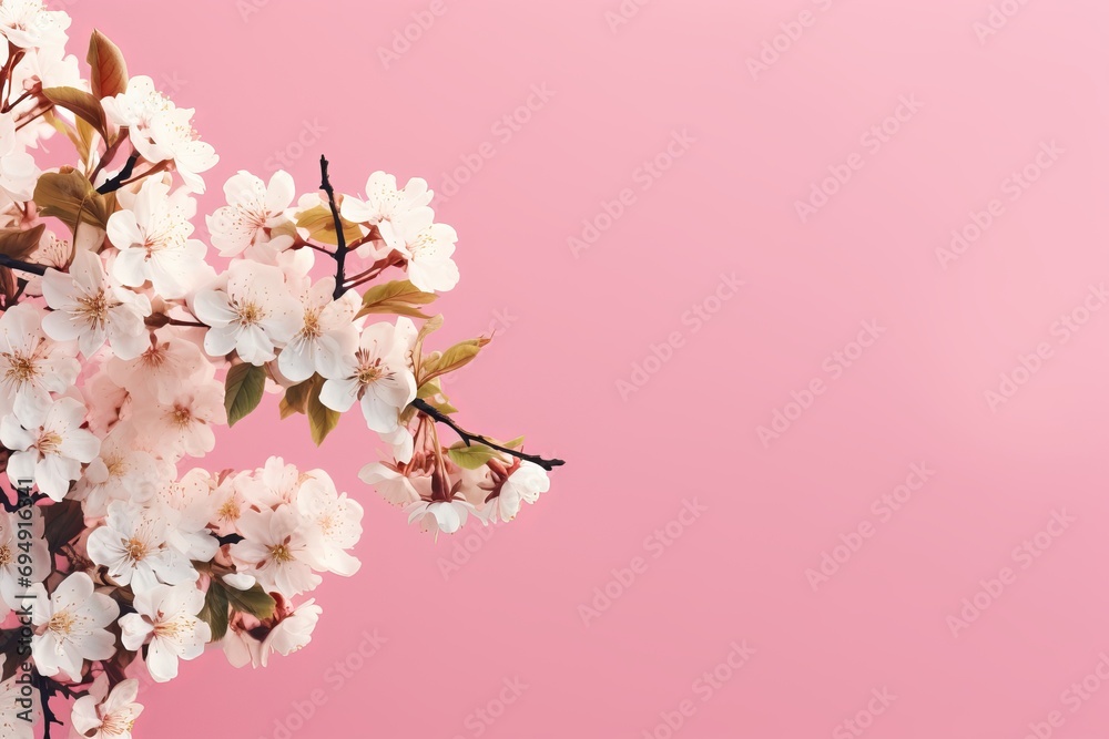 Blooming cherry branches on a soft pink background. With spare for your text.