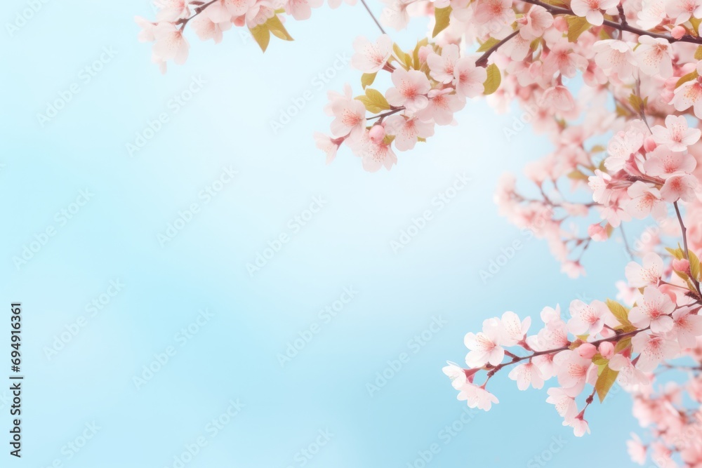 Blooming cherry branches on a delicate turquoise background with copy space for your text.