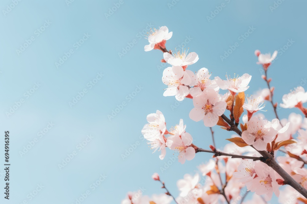 A blossoming twig of cherry against a background of a cloudless blue sky. With copy space for your text A blossoming twig of cherry against a background of a cloudless blue sky. With copy space for your text