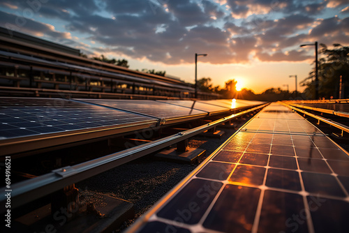 A solar farm at sunset with the sun low on the horizon, reflecting off the surface of photovoltaic panels.