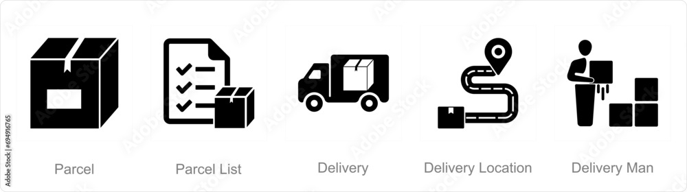 A set of 5 Mix icons as parcel, parcel list, delivery A set of 5 Mix icons as parcel, parcel list, delivery