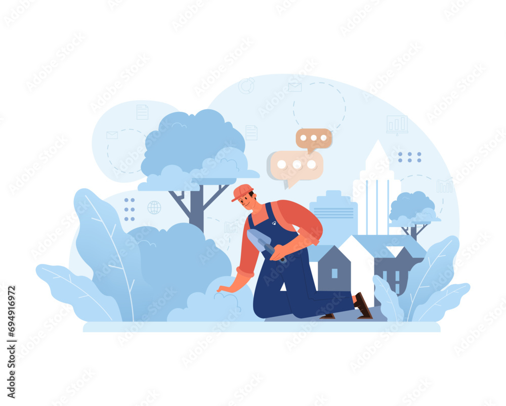Gardener amidst cityscape, tending plants with dedication. Balancing nature's touch within urban sprawl, highlighting greenery's essence in metropolitan settings. Flat vector illustration