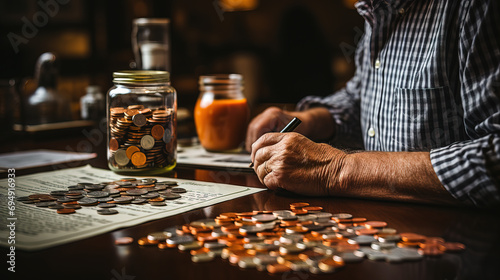 Elderly individual counting coins and managing finances at home, surrounded by a coin jar, banknotes, and a calculator. photo