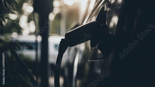 Electric Vehicle Charging Cable Plugged into Car Port with Sunlight Flare and Bokeh Background