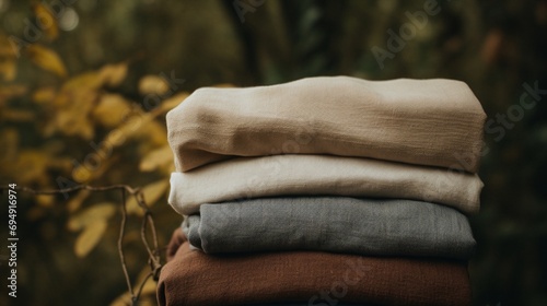 Folded Neutral Linen Clothes Stack with Autumn Leaves Background in Soft Natural Light photo