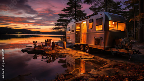 A camper RV parked by a tranquil lake at sunset with chairs out, reflecting a sense of adventure and peaceful outdoor travel. © Pavel