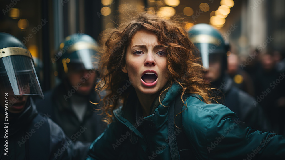 A young woman is shouting passionately during a protest with police officers in riot gear blurred in the background.