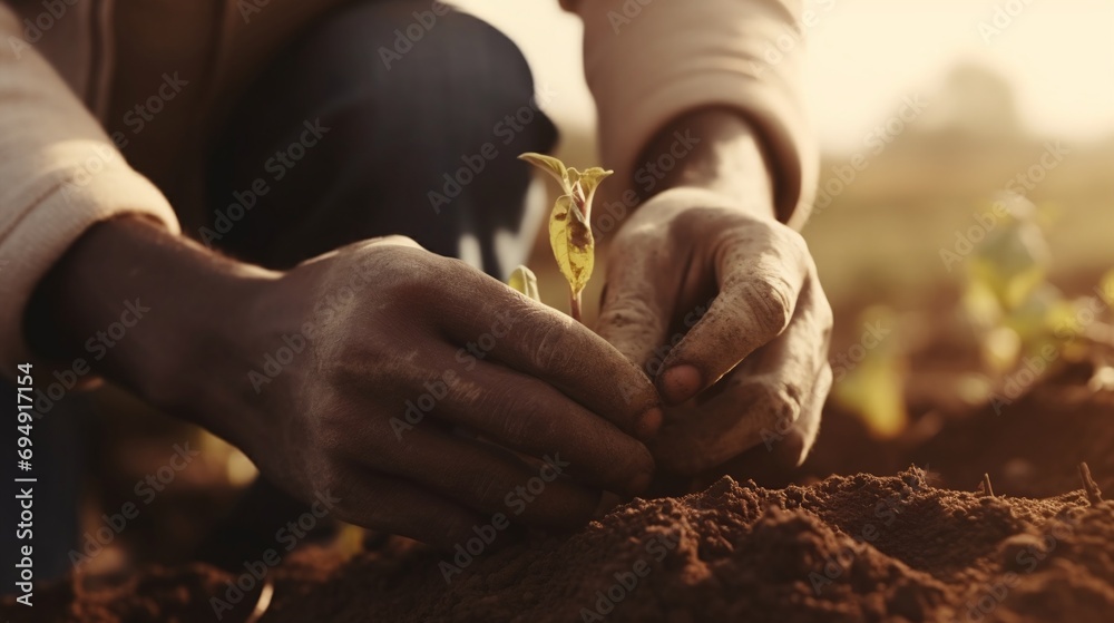 Closeup of Hands Planting Young Seedling in Soil at Sunset Farming and Growth Concept