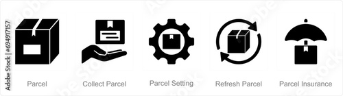 A set of 5 Mix icons as parcel, collect parcel, parcel setting