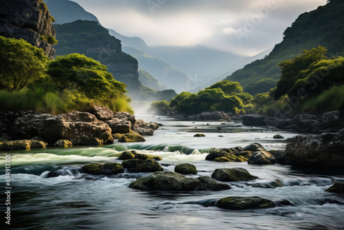 Morning sunlight streams through a lush mountain landscape, highlighting a tranquil river flowing over rocks.