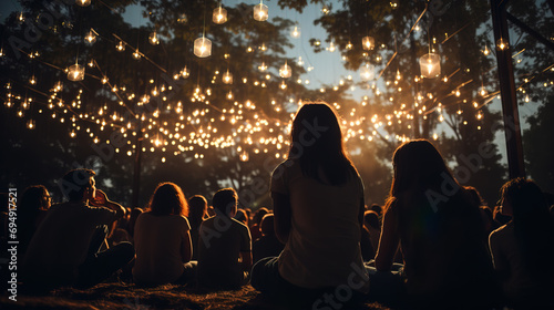 A back view of people sitting outdoors at dusk  silhouetted against string lights hanging in a tree-filled park.
